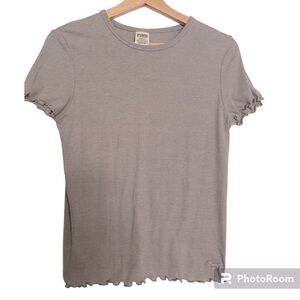 PINK GRAY FITTED RIBBED TEESHIRT WITH LETTUCE HEM SIZE MEDIUM